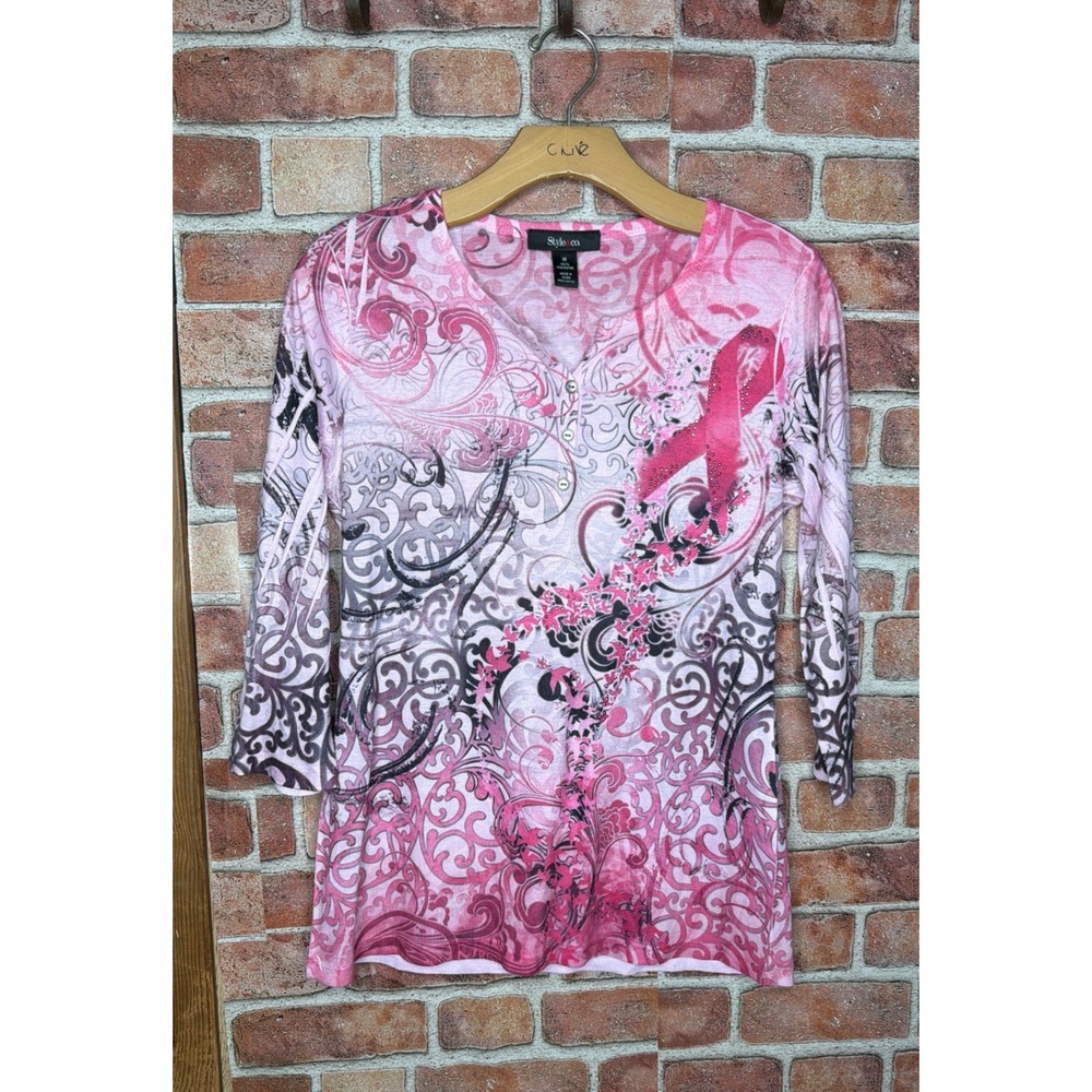 Style & Co‎ Pink Breast Cancer Awareness Ribbon Rhinestone Henley Top Medium M